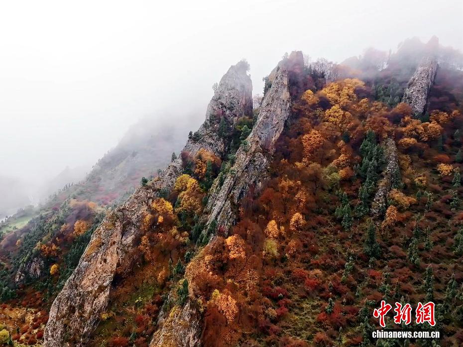 航拍高原深秋美景：雪覆山巅 秋染山河
