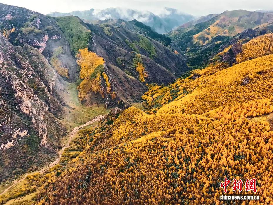 航拍高原深秋美景：雪覆山巅 秋染山河